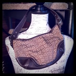 Coach Brown Signature Jacquard and Dark Brown Leather Shoulder Bag